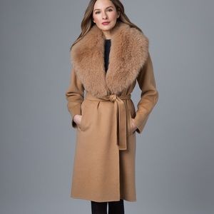 Kinross Blue Fox Fur Shawl Collar Coat New! Camel